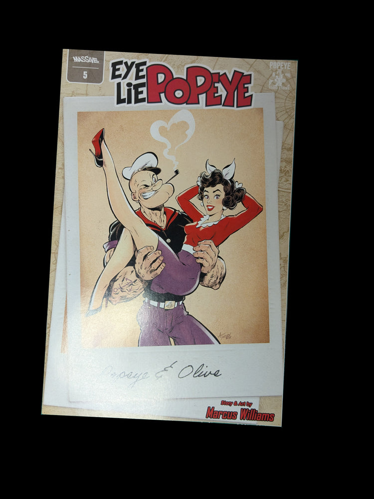Shop Eye Lie Popeye #5 featuring Popeye and Olive Oyl in a vintage-inspired Marcus Williams variant cover. Available at Keiostaz Collectibles.