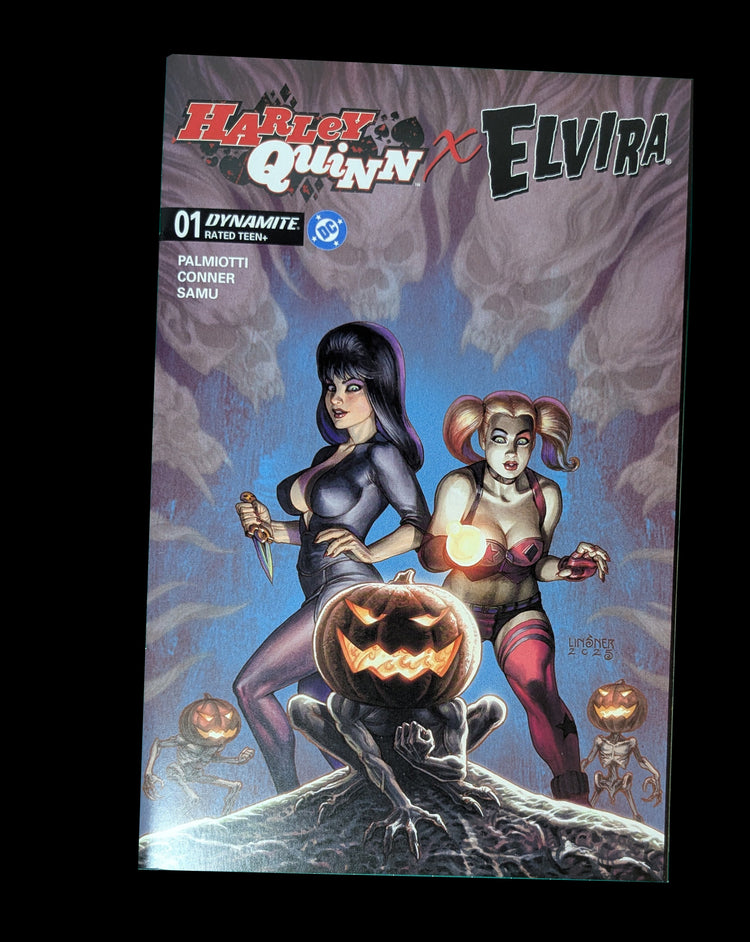 Shop Harley Quinn x Elvira #1 variant cover from Dynamite Entertainment, featuring spooky Halloween artwork with Harley Quinn and Elvira.