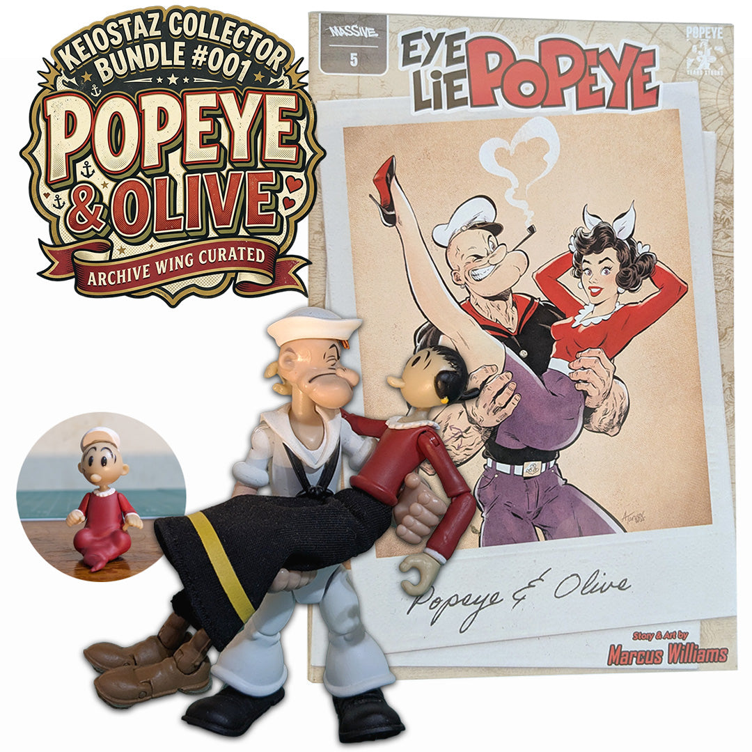 Popeye and Olive comic book figure set from the Keiozast Collector's Bundle #001, featuring a collectible figure of Popeye holding Olive, a printed cover insert, and a small circular inset of the character in a sailor outfit, all on a white background.