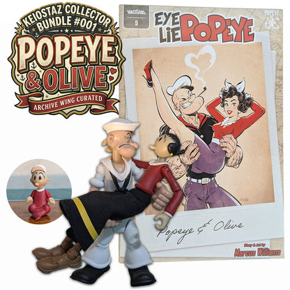 Popeye and Olive comic book figure set from the Keiozast Collector's Bundle #001, featuring a collectible figure of Popeye holding Olive, a printed cover insert, and a small circular inset of the character in a sailor outfit, all on a white background.