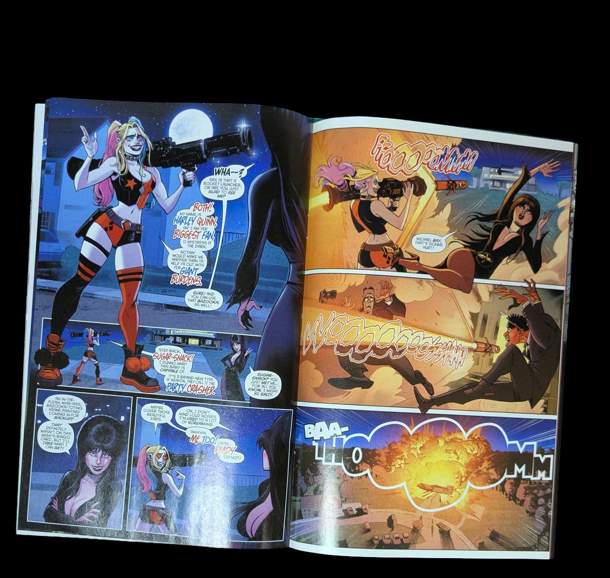 Shop Harley Quinn x Elvira #1 Halloween variant from Dynamite Entertainment. Featuring colorful Amanda Conner cover art with pumpkins and spooky fun.