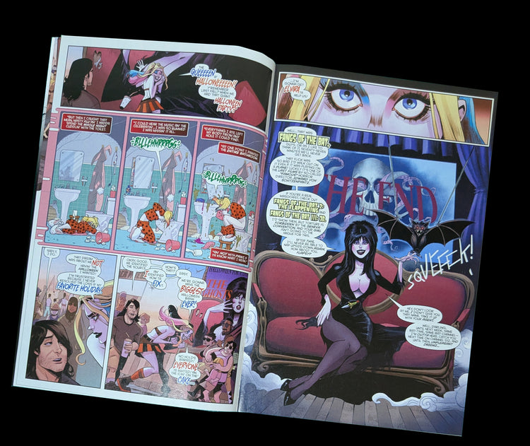 Shop Harley Quinn x Elvira #1 variant cover from Dynamite Entertainment, featuring spooky Halloween artwork with Harley Quinn and Elvira.