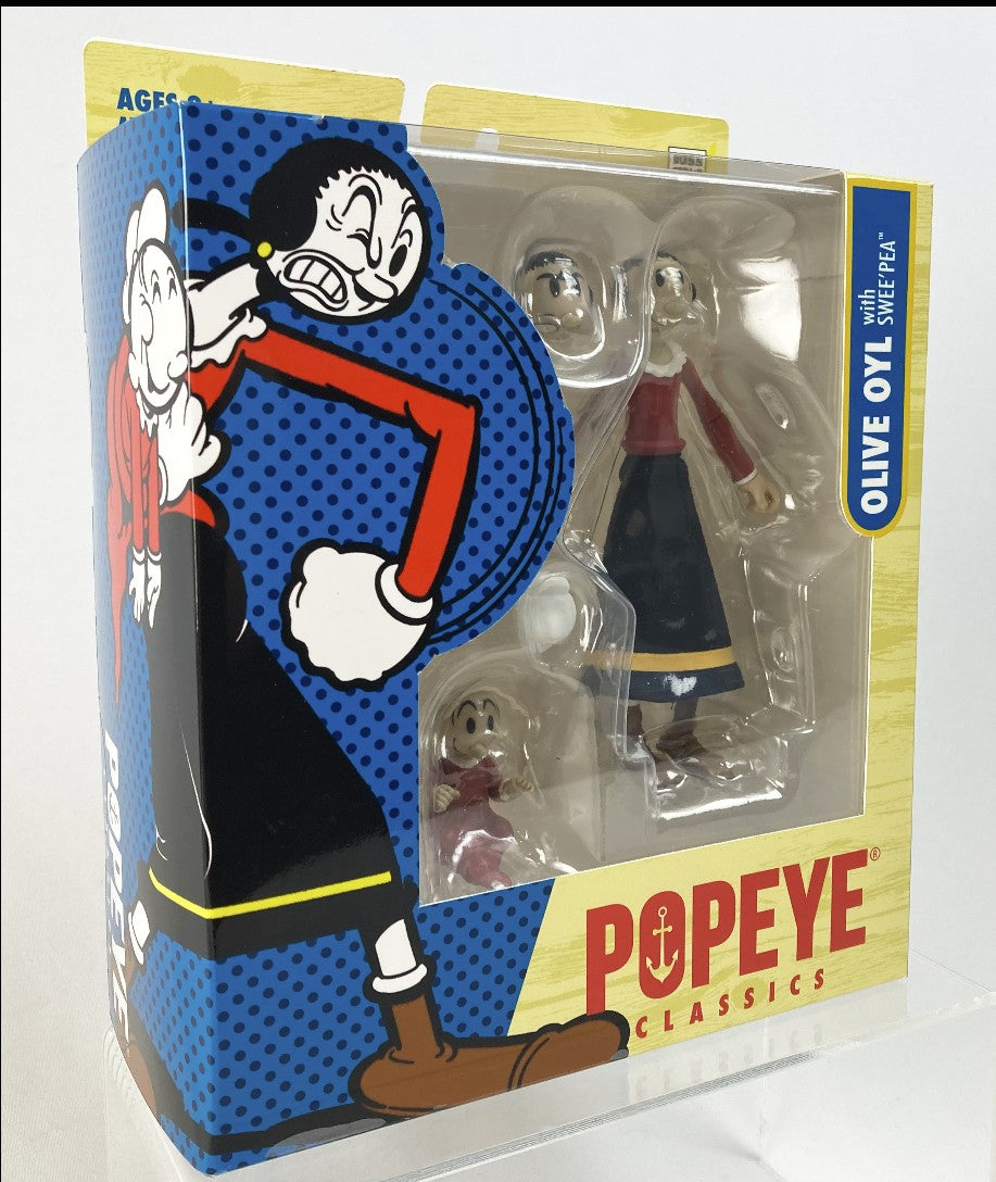 Popeye Classics Olive Oyl action figure in its original window box packaging, featuring comic book style illustrations on the box.